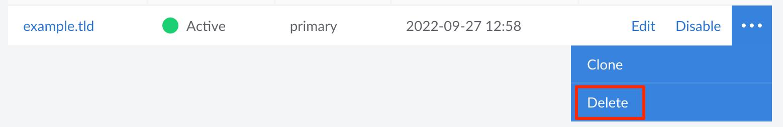 Screenshot of a domain entry with the Delete button highlighted Screenshot of a domain entry with the Delete button highlighted